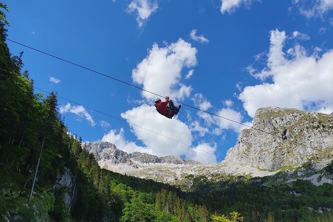 Zipline in Slovenia - Soča Valley ziplines, Julian Alps in view